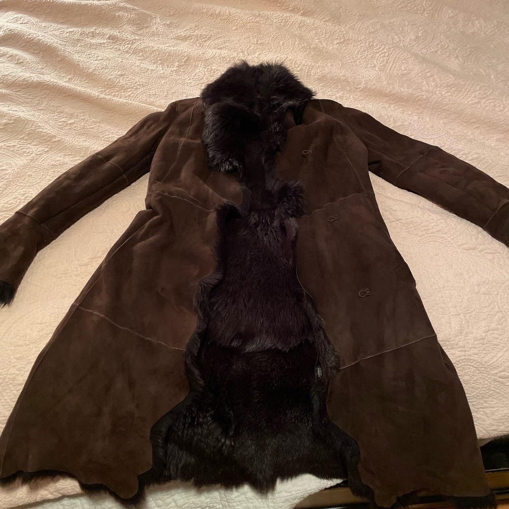 Andrew Marc Brown Suede Coat with Black Fur Trim